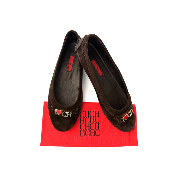 Carolina Herrera 40 Driving Ballet Flats Brown Suede Leather I Love CH Brass - Picture 2 of 13
